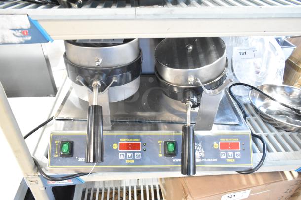 Brand new Carnival King 382WBM26DGT stainless steel double Belgian waffle maker with digital timer and temperature controls.