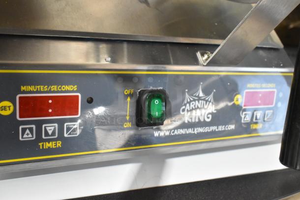 Stainless steel Carnival King waffle maker, model 382WBM26DGT, with digital timer, temperature controls, green switch.