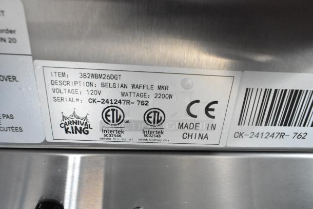 BRAND NEW Carnival King 382WBM26DGT Stainless Steel Double Belgian Waffle Maker. Tags indicate 120V, 2200W, Made in China.