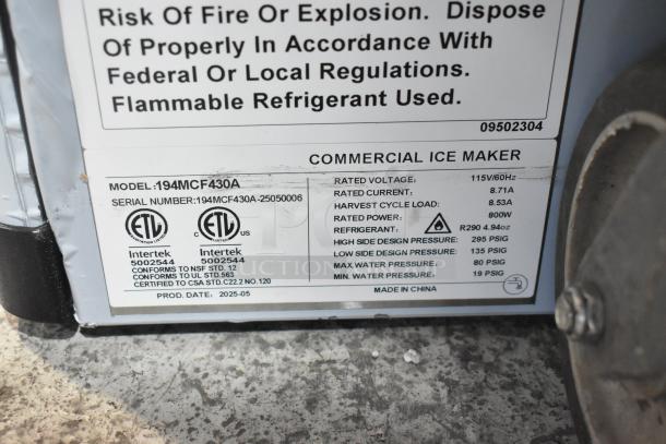 "Avantco 194MCF430A stainless steel ice machine, 397 lb. capacity, 115V, 1 phase, 2025 model, ETL certified label shown."