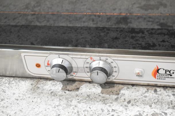 BRAND NEW Cooking Performance Group CPG 351COFT4M convection oven controls, stainless steel, thermostatic, scratches visible.