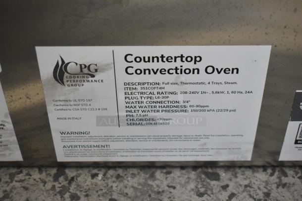 BRAND NEW Cooking Performance Group CPG 351COFT4M stainless steel countertop convection oven. 4 trays, moisture injection. 208-240V.