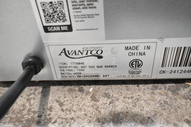 2024 Avantco 177BW48 hot dog bun warmer, stainless steel, 120V, 600W, new with minor scratches/dents. Made in China.