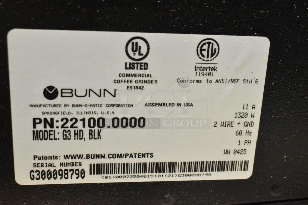 BRAND NEW 2025 Bunn G3 HD Black 3 lb. Commercial Coffee Grinder, 120V, scratch and dent, UL listed label visible.