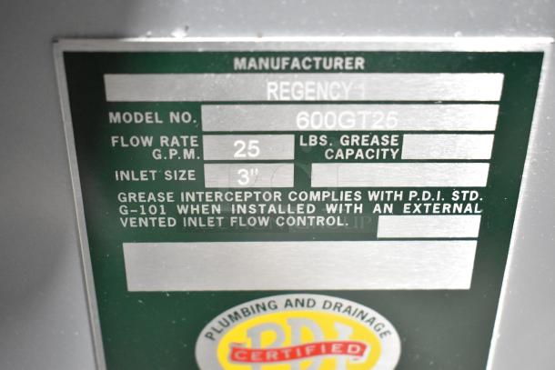 BRAND NEW Regency 600GT25 Grease Trap, 50 lb. capacity, 25 GPM, 3" non-threaded connections, with compliance and certification labels.