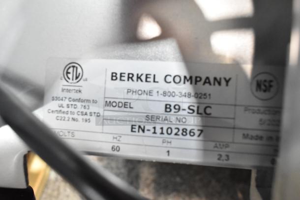 Berkel B9-SLC meat slicer label showing model, serial number EN-1102867, ETL and NSF certifications.