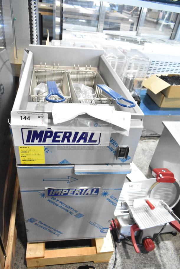 Brand new Imperial IFS-40-E electric deep fryer, stainless steel, 40 lb. capacity, two metal baskets, 208V, 1 phase.