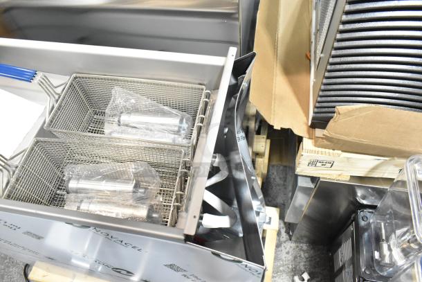 BRAND NEW Imperial IFS-40-E 40 lb. stainless steel electric fryer with two metal baskets, 208 volts, 1 phase.