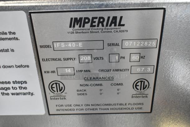 Brand new Imperial IFS-40-E stainless steel floor electric fryer. 208V, 1 phase, 40 lb capacity, with 2 baskets.