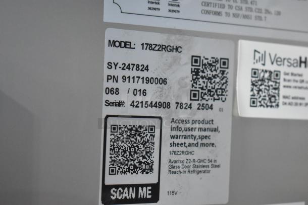 Label of Avantco 178Z2RGHC model reach-in cooler with serial and model numbers. QR codes for product info.