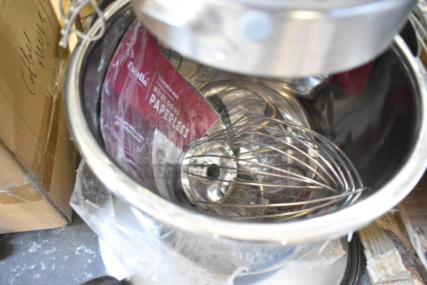 Brand new Estella 348EMIX12G metal 12 Qt. programmable mixer with bowl, guard, and whisk. Scratch and dent condition.