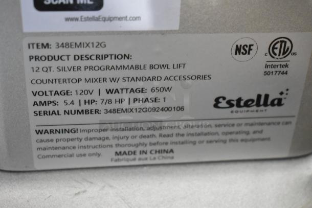 BRAND NEW Estella 348EMIX12G 12 Qt. Commercial Mixer. Includes metal bowl, bowl guard, whisk. 120V, 1 Phase. Serial: 348EMIX12G092400106.