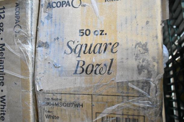 Acopa Rittenhouse 50 oz. Square White Melamine Bowl box with labeling and item number 304MSQB7WH.
