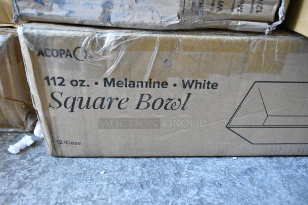 Acopa 112 oz. White Melamine Square Bowl box, 12 per case, dented packaging, brand new condition.