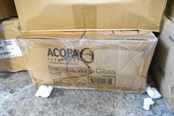 Box of Acopa 15 oz. Customizable Stemless Wine Glasses, 12/Case, showing slight box damage. Marked "5535515."