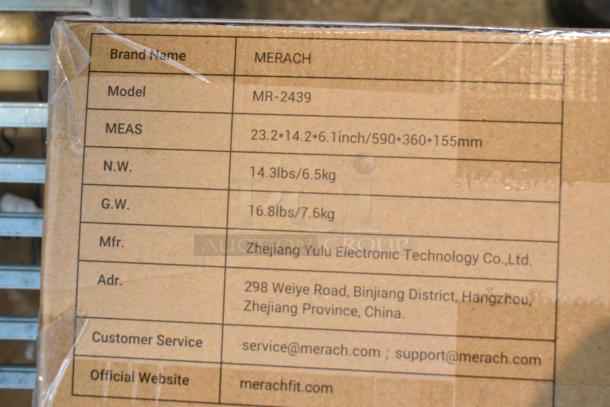 BRAND NEW Merach MR-2439 Vibration Plate, displaying box label. Dimensions: 23.2x14.2x6.1in, weight: 14.3lbs.