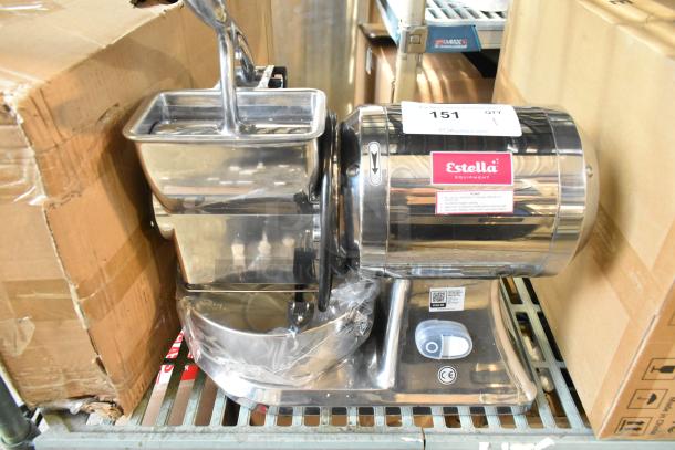Brand new Estella 348CG112 stainless steel electric hard cheese grater, 120V, 3.3 lb/min, scratch and dent condition.