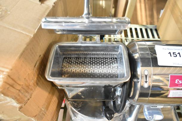 BRAND NEW Estella 348CG112 Stainless Steel Electric Hard Cheese Grater, 3.3 lb/min, 120V, 1 Phase, visible labels.