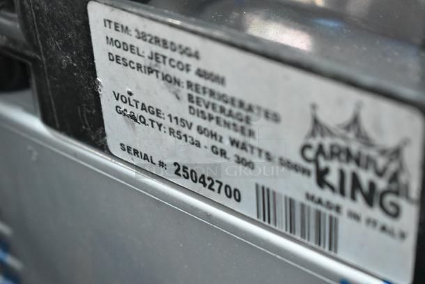 Brand new Carnival King JETCOF 480M quad beverage dispenser label, 120V, 1 phase, scratch and dent condition, serial #25042700.