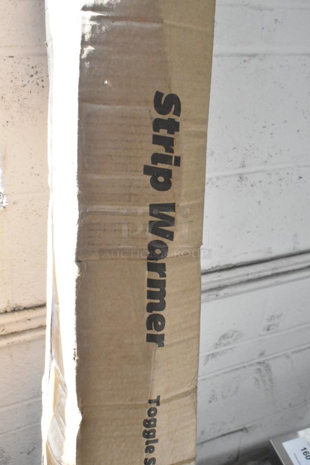 Cardboard box for ServIt 72" Strip Warmer, single toggle control, labeled "Strip Warmer Toggle Single," scratch and dent condition.