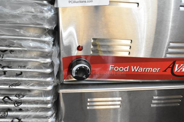Avantco 177W50 stainless steel electric countertop food warmer, new condition, 120 volts, 1 phase, control dial visible.