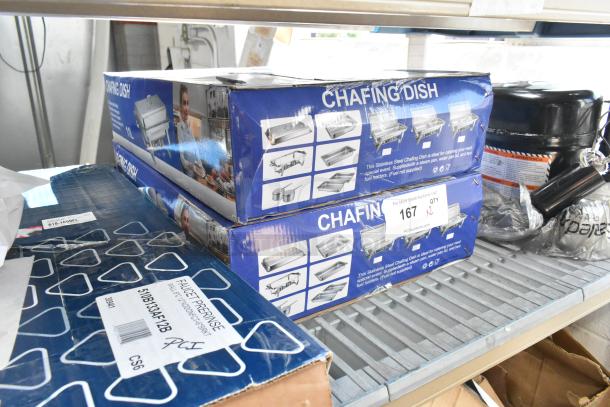 Two brand new chafing dish boxes, labeled "Scratch and Dent," in original packaging on a shelf.
