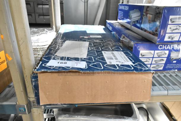 Boxed T&S B-0133-ADF12-B 37 9/16" pre-rinse faucet with spray valve, 44" hose, add-on faucet, visible shipping labels.