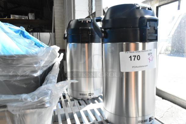 Brand new Bunn 2.5L stainless steel airpots, model 32125.0000, lever action, with auction tag "170" and "QTY 2".