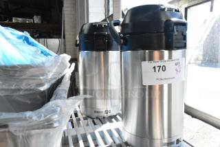 Brand new Bunn 2.5L stainless steel airpots, model 32125.0000, lever action, with auction tag "170" and "QTY 2".