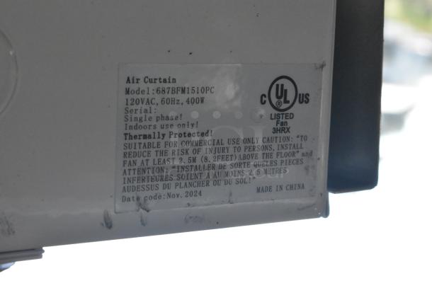 Boltic 687BFM1510PC 42" air curtain label, 120V, 60Hz, 400W, thermally protected, for commercial indoor use. Made in China.