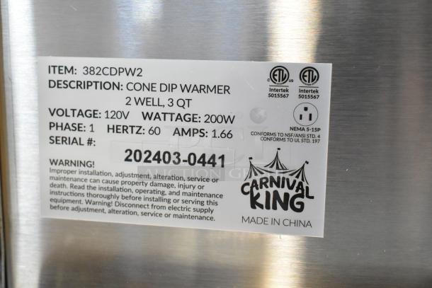 Brand new Carnival King 382CDPW2 double cone dip warmer, 3 Qt, 120V, 200W. Serial #202403-0441. Scratch and dent condition.