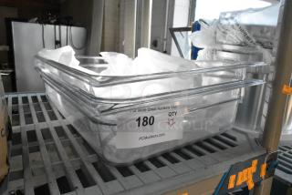 Brand new poly clear drop-in bins, scratch and dent, auction label indicates quantity of 2, enhance organizational space.