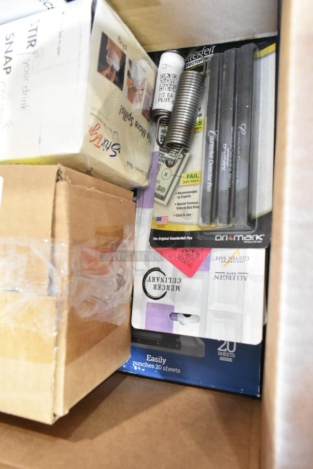 Box containing 6 brand new scratch and dent items, including Solwave 180OPINTRR door assembly, Stix To Go stirrers, and Choice 407BTHF4 bottle holder.