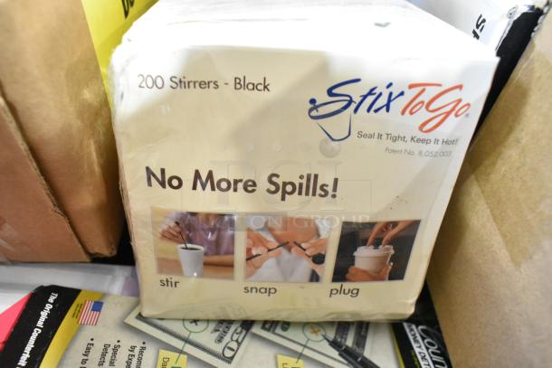 Pack of 200 Stix To Go black stirrers, promotes spill prevention. Packaging shows stirring, snapping, plugging actions.