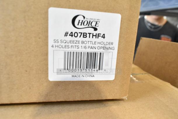 Box of Choice 407BTHF4 stainless steel squeeze bottle holders, 4-hole, fits 1/6 pan opening. Label with barcode visible.