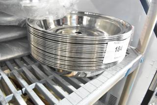 Stainless steel dome tray covers, brand new, scratch and dent condition, 20 pieces, with visible auction label.