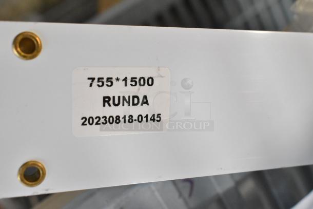 Three brand new scratch and dent pull-down screen rolls for merchandisers, labeled 755*1500, Runda model, with grommets.