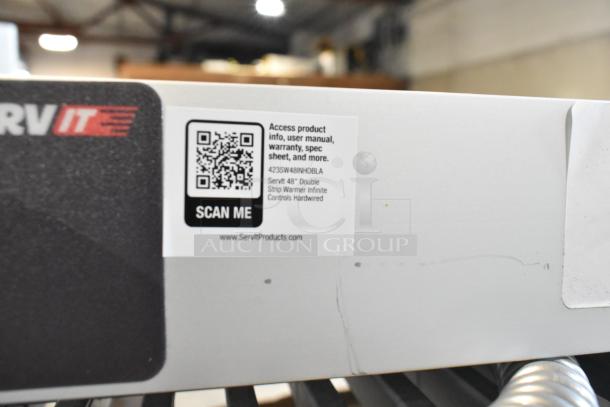 BRAND NEW ServIt 48" Double Strip Warmer, model 423SW48INHDBLA, with dual adjustable controls and QR code for product info.