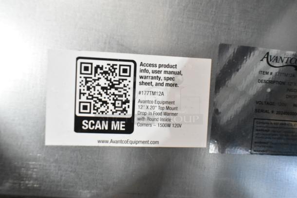 BRAND NEW Avantco 177TM12A Drop-In Hot Food Well, stainless steel, round corners, with drain, 120V, 1 phase. QR code label shown.
