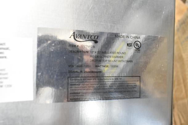 Brand new Avantco 177TM12A stainless steel hot food well, top mount, 120V, with drain, label indicates NSF and UL certifications.