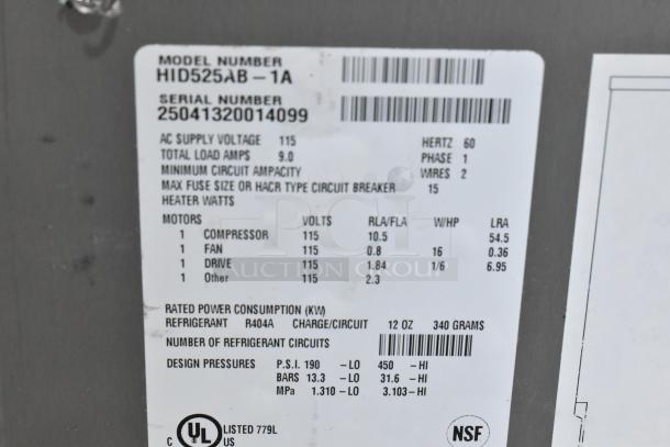 Alt text: Scotsman HID525AB-1A ice machine label showing model, serial number, voltage, and other specifications.