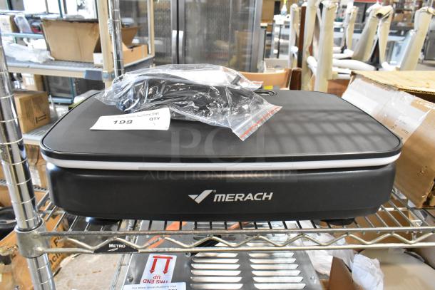 Brand new Merach MR-2439 Vibration Plate, minor scratches, includes accessories, displayed on shelf with auction tag.