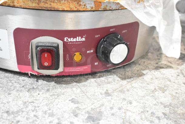 Brand new Estella 348CMPT16A stainless steel 16" crepe maker, 120V, scratch and dent. Temperature dial and power switch visible.