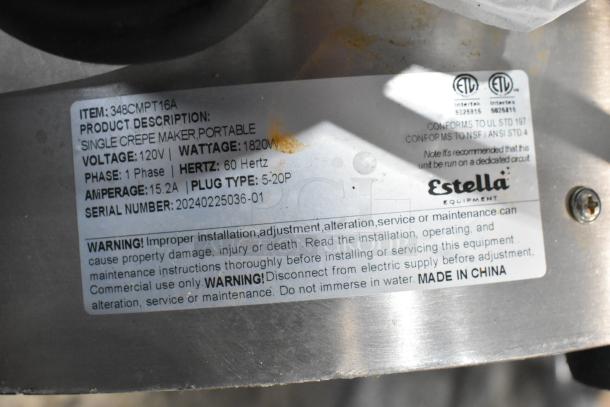 Brand new 2024 Estella 348CMPT16A 16" stainless steel crepe maker. Scratch and dent. 120V, 1 phase, 1820W, model info tag.