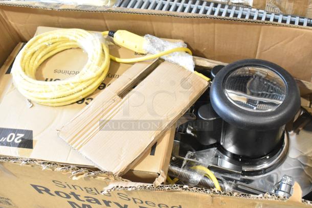 Brand new Lavex 978LAVP20A 20" rotary floor cleaning machine in packaging. Features 175 RPM, 120V, single phase. Some box damage visible.