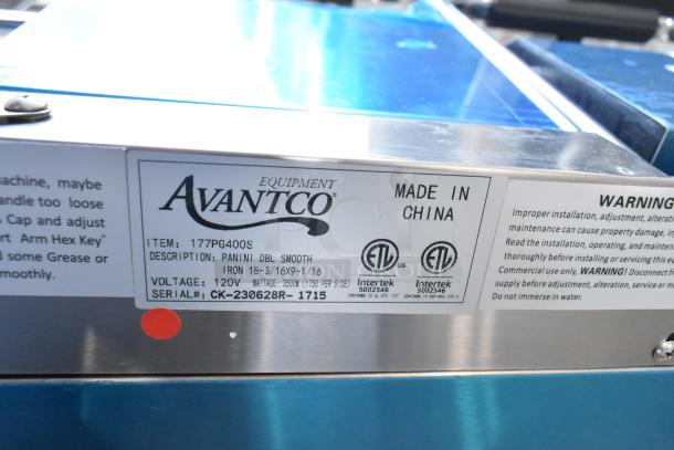 BRAND NEW 2023 Avantco 177PG400S stainless steel dual panini grill, smooth plates, 19 5/8" x 9 1/8". 120V, 1 phase.