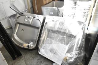 2 brand new Elkay wall mount water fountains in original packaging, stainless steel finish, slight cosmetic imperfections marked.