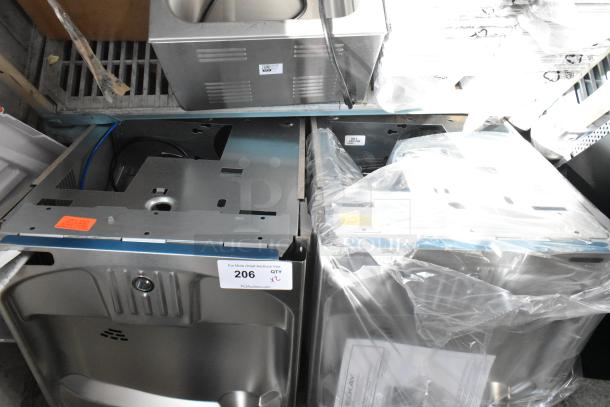 Two brand new Elkay wall mount water fountains, scratch and dent items, partially wrapped in plastic, ID tag 206 visible.