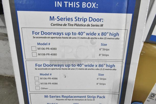 Box label for Curtron M-Series Strip Doors; models M106-PR-4080, M108-PR-4080, M106-PR-4086, M108-PR-4086.