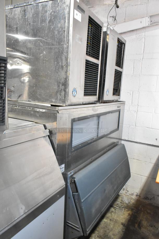 Two Hoshizaki F-1000MRB ice heads on a Follett LSG1 bin. Metal exterior, used condition. 208-230V, 1 Phase.